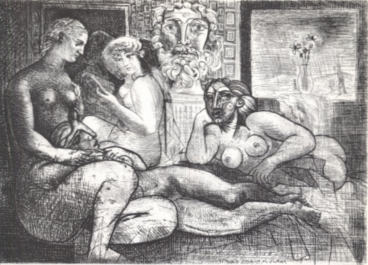 33. Четыре модели перед скульптурным бюстом. (Лист из «Сюиты Воллара».) 1933. Комбинированная техника. 22,2×31,2 33. Четыре модели перед скульптурным бюстом. (Лист из «Сюиты Воллара».) 1933. Комбинированная техника. 22,2×31,2