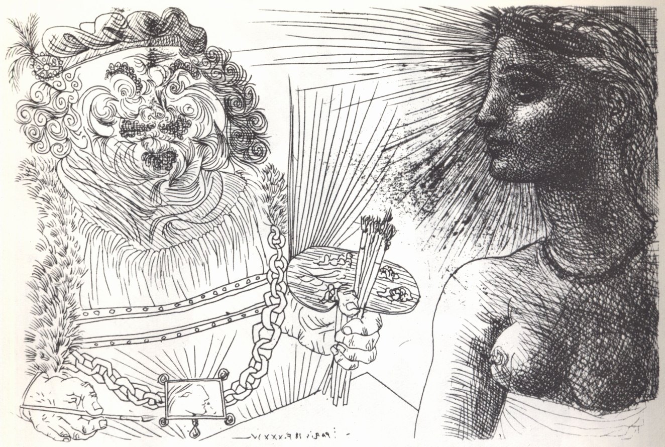 37. Рембрандт и молодая женщина. (Лист из «Сюиты Воллара».) 1934. Офорт. 13,8×20,5 37. Рембрандт и молодая женщина. (Лист из «Сюиты Воллара».) 1934. Офорт. 13,8×20,5