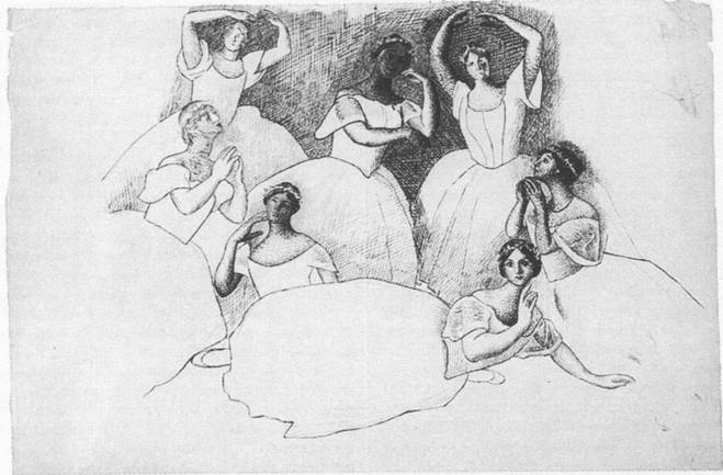 13. Танцовщицы в балете «Шопениана». Рисунок по фотографии. 1919 13. Танцовщицы в балете «Шопениана». Рисунок по фотографии. 1919