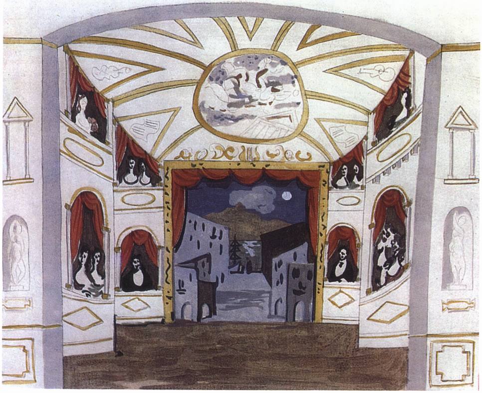 XV. Этюд декорации к балету «Пульчинелла». Неосуществленный вариант. 1920 XV. Этюд декорации к балету «Пульчинелла». Неосуществленный вариант. 1920