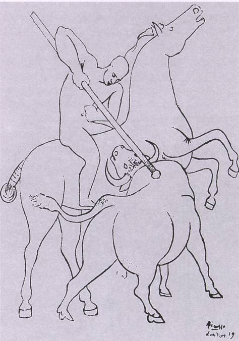 18. Пикадор, пронзающий быка. Эскиз центрального медальона первоначального проекта занавеса к балету «Треуголка». 1919 18. Пикадор, пронзающий быка. Эскиз центрального медальона первоначального проекта занавеса к балету «Треуголка». 1919