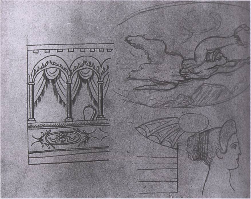 25. Эскизы деталей к неосуществленному проекту декорации балета «Пульчинелла». 1920 25. Эскизы деталей к неосуществленному проекту декорации балета «Пульчинелла». 1920