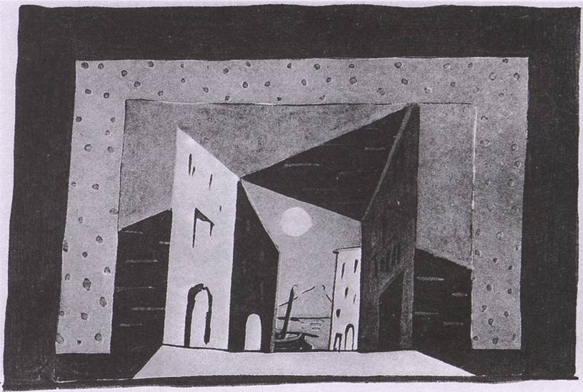 26. Этюд декорации к балету «Пульчинелла». Окончательный вариант. 1920 26. Этюд декорации к балету «Пульчинелла». Окончательный вариант. 1920