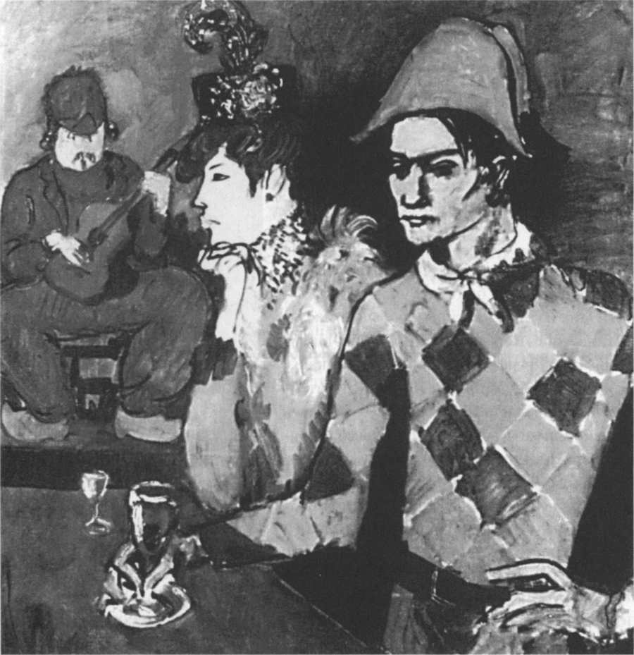 В «Лапэн-ажиль» (также называемая «Арлекин с бокалом»). 1904—1905. Холст, масло, 39x39 В «Лапэн-ажиль» (также называемая «Арлекин с бокалом»). 1904—1905. Холст, масло, 39x39