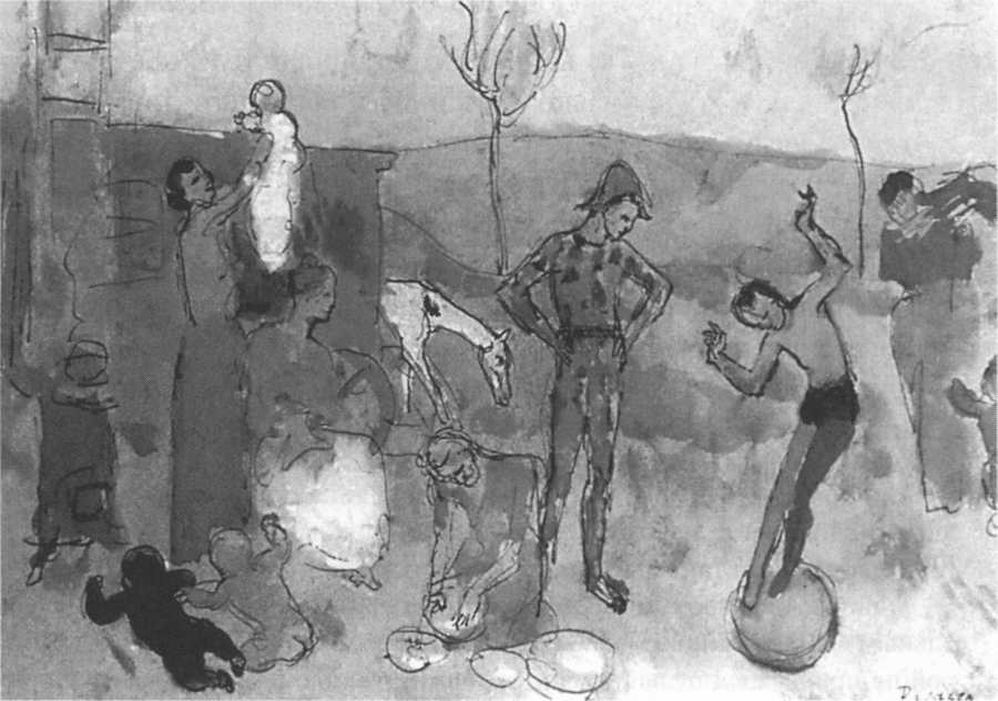 Семья бродячих циркачей. 1905. Коричневый картон, перо и черная тушь, кисть и гуашь, 10x12 Семья бродячих циркачей. 1905. Коричневый картон, перо и черная тушь, кисть и гуашь, 10x12