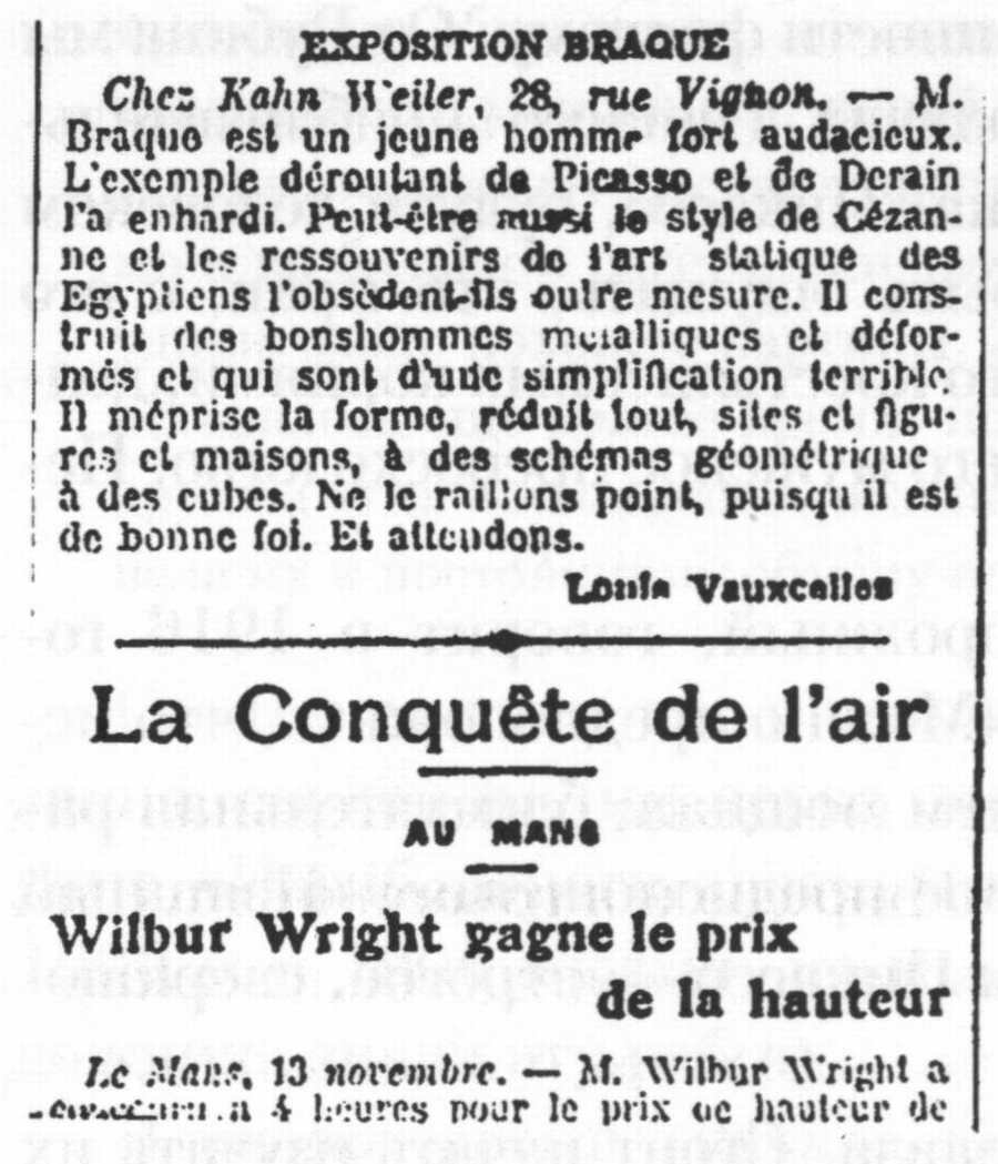 Отчет о выставке Брака в галерее Канвайлера, напечатанный в «Жиль Блаз». 14 ноября 1908 года Отчет о выставке Брака в галерее Канвайлера, напечатанный в «Жиль Блаз». 14 ноября 1908 года