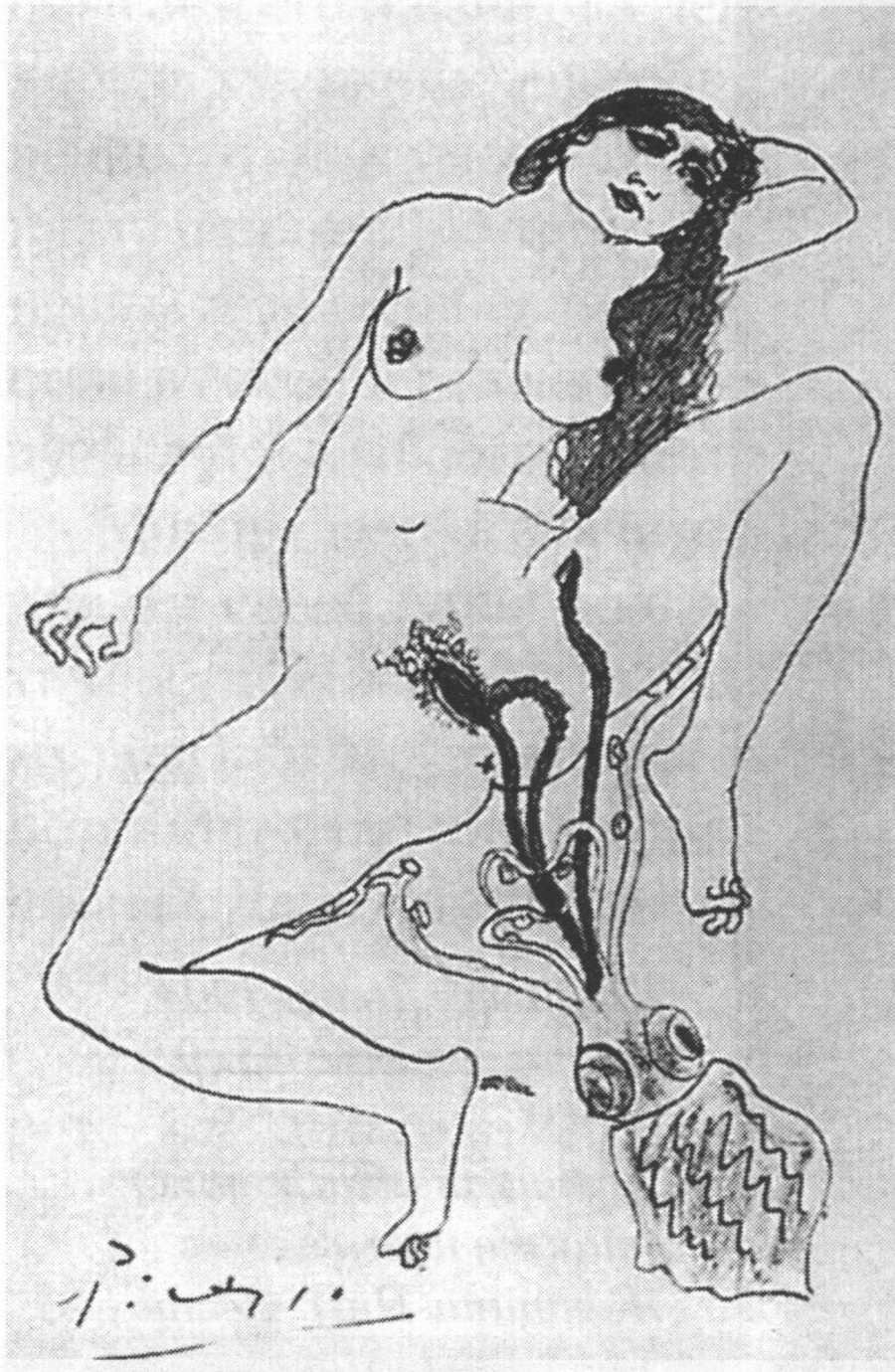 Без подписи (Ню с осьминогом). Барселона, 1903. Карандаш, сепия и восковая пастель на открытке, 5x4 Без подписи (Ню с осьминогом). Барселона, 1903. Карандаш, сепия и восковая пастель на открытке, 5x4