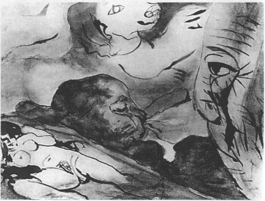 Откинувшаяся женщина и фигуры. Барселона, 1903. Гуашь, 10x14 Откинувшаяся женщина и фигуры. Барселона, 1903. Гуашь, 10x14