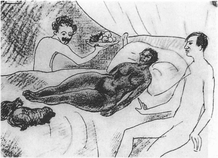 Пародия на «Олимпию» Мане. Барселона, 1901. Тушь и цветной карандаш, 5x4 Пародия на «Олимпию» Мане. Барселона, 1901. Тушь и цветной карандаш, 5x4