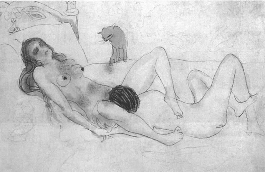 Две фигуры и кот. Барселона, 1902. Акварель и карандаш, 7x10 Две фигуры и кот. Барселона, 1902. Акварель и карандаш, 7x10